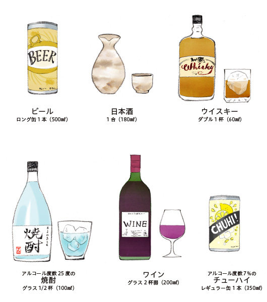 いろいろなお酒の適量（純アルコール換算で1日20g程度）