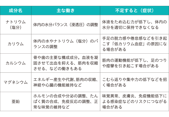 主なミネラル（電解質）の種類と働き