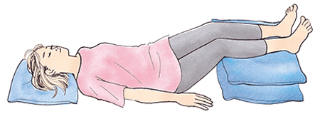 アナフィラキシーを起こしている人を仰向けに寝かせて、両足を15～30cmくらいの高さに上げる